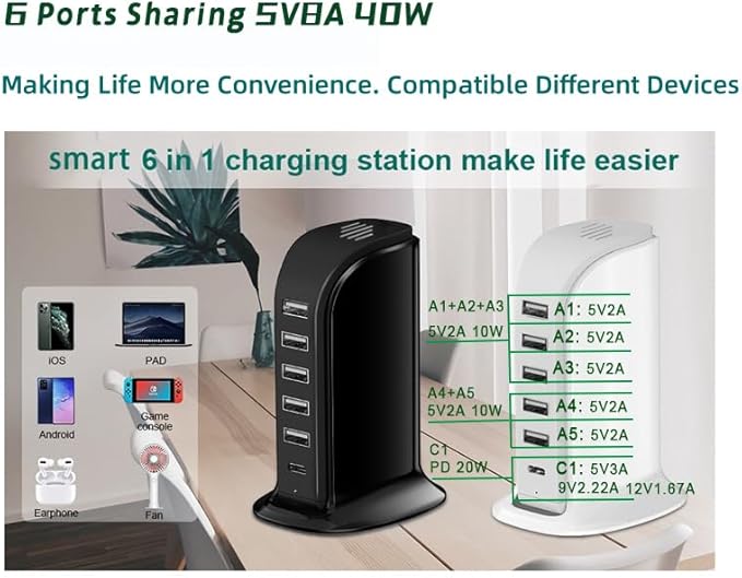 USB Charging Station for Multiple Devices, 40W Multiport Charger Tower - Image 2