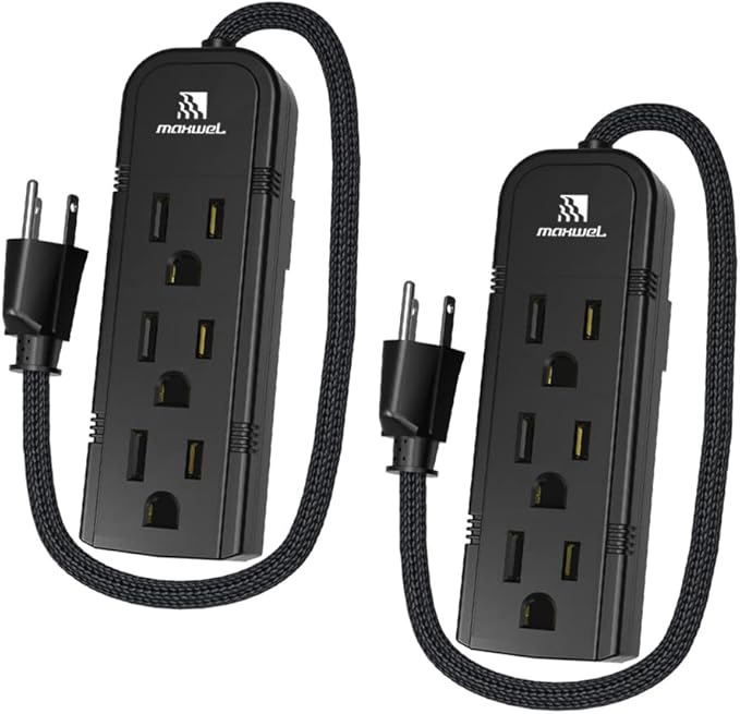 2Pack Small Power Strip Black Outlet - 1FT Heavy Duty Power Extension Cord by MaxwelManufacturing