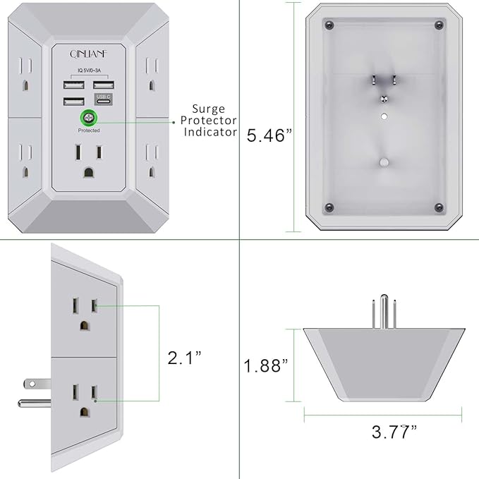 USB Wall Charger, Surge Protector, QINLIANF 5 Outlet Extender - Image 7
