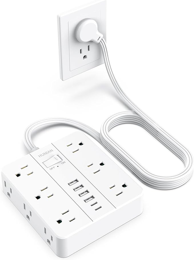 Flat Plug Surge Protector Power Strip, HUNIAN 12 Widely Spaced Outlets by HUNIAN