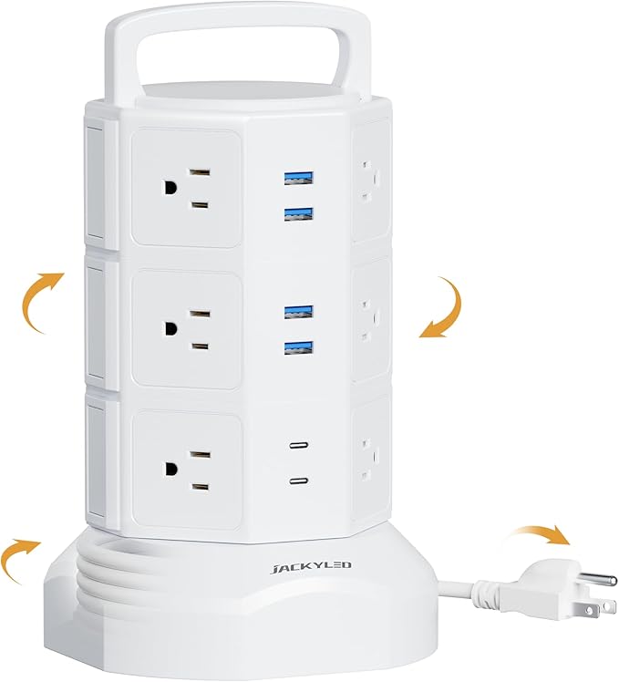 Power Strip Tower Surge Protector, JACKYLED 12 Outlets 6 USB Charging Station by JACKYLED