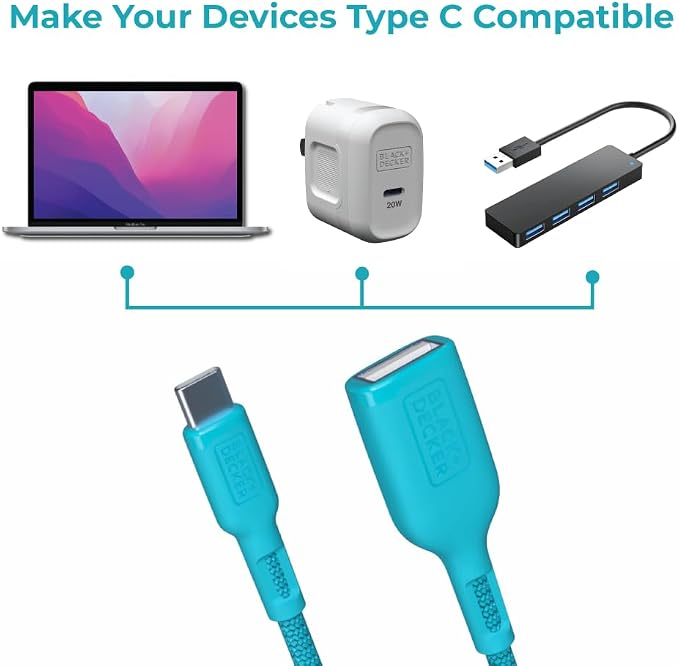 BLACK+DECKER USB C to USB A Adapter, USB C Male to USB Female Adapter Nylon - Image 8
