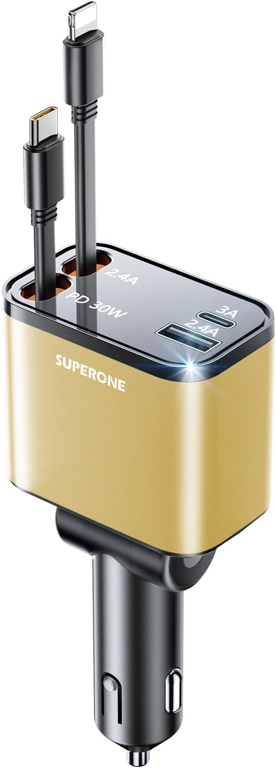 4 in 1 Retractable Car Charger, SUPERONE Smaller Fast Car Phone Charger 69W by SUPERONE