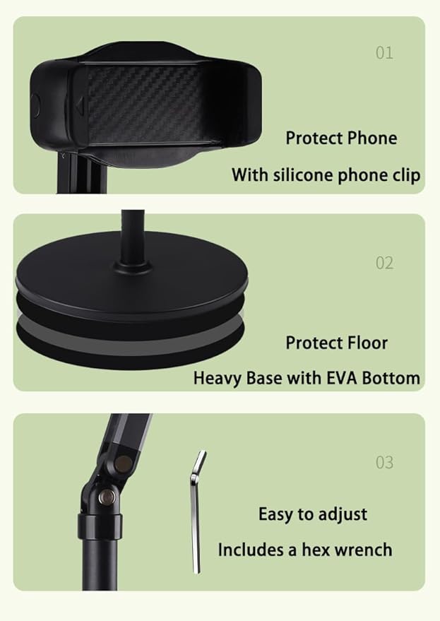 Phone Floor Stand for Recording Cell Phone Holder for Bed, Adjustable Tall Stand - Image 3