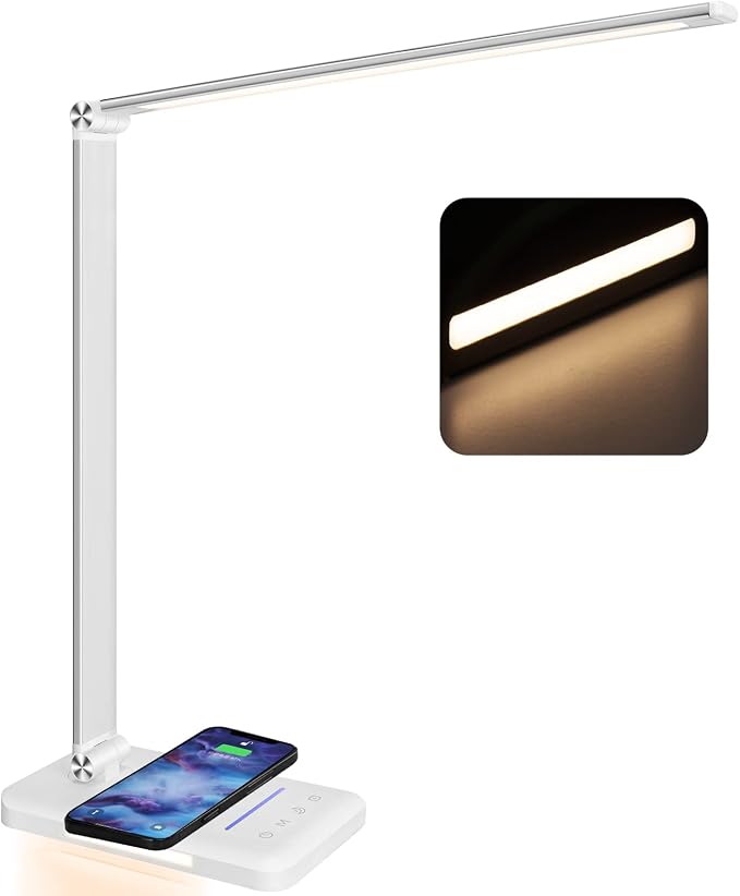 LED Desk Lamp with Night Light, Fast Wireless Charger, USB Charging Port by JOSTIC