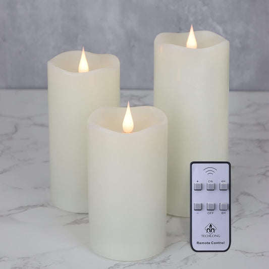 Flickering Flameless Candles with 3D Moving Flame Set of 3(H 5" 6" 7" x D 3"), Last 1000+ Hours Battery Operated Candles with Remote Timer, Ivory Real Wax Electric LED Pillar Candles