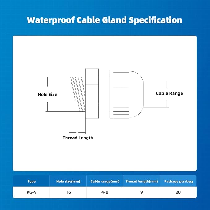Cable Gland 20 Pack Plastic Waterproof Adjustable Connector 4-8mm PG9 Strain - Image 4