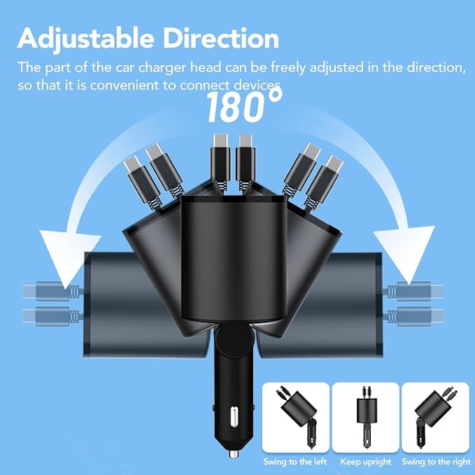 Retractable Car Charger, 4 in 1 Super Fast Car Phone Charger 60W, 2 Retractable - Image 3