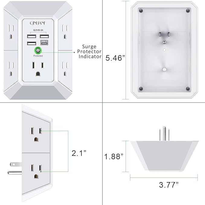 Wall Charger, Surge Protector, QINLIANF 5 Outlet Extender - Image 7