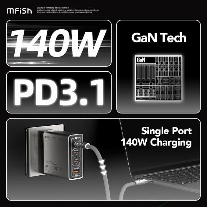 Mfish 140W USB C Charger, 4-Port GaN Charger Block, Foldable Fast Laptop - Image 5