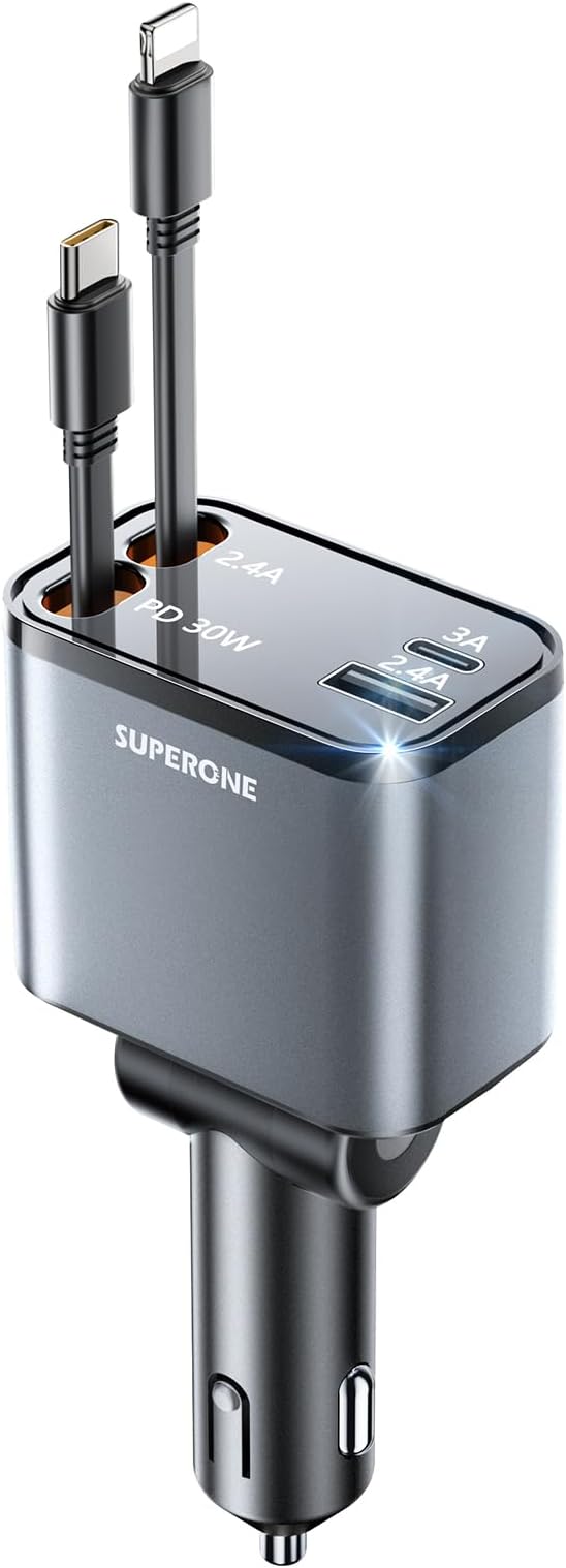 4 in 1 Retractable Car Charger, SUPERONE Smaller Fast Car Phone Charger 69W by SUPERONE