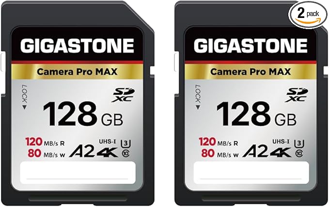 GIGASTONE 128GB SD Card 2-Pack, 4K Camera Pro MAX, A2 4K SDXC Memory Card High by Gigastone
