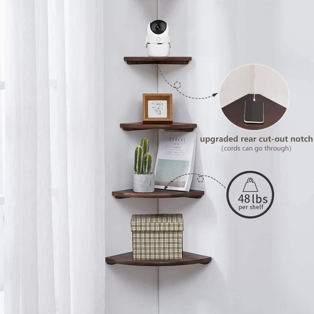 Corner Shelf,12inch Walnut Solid Wood Floating Corner Shelves Wall Mount Round End Floating Speaker Rack with Wire Hole for Small Plant for Bedroom Kitchen