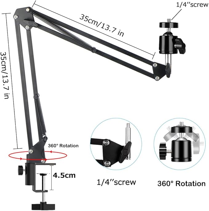 Overhead Tripod Mount for Camera Webcam Ring Light, Over Head Articulating Arm - Image 3