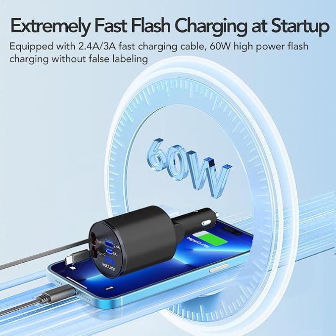 Retractable Car Charger, 4 in 1 Super Fast Car Phone Charger 60W, 2 Retractable - Image 8