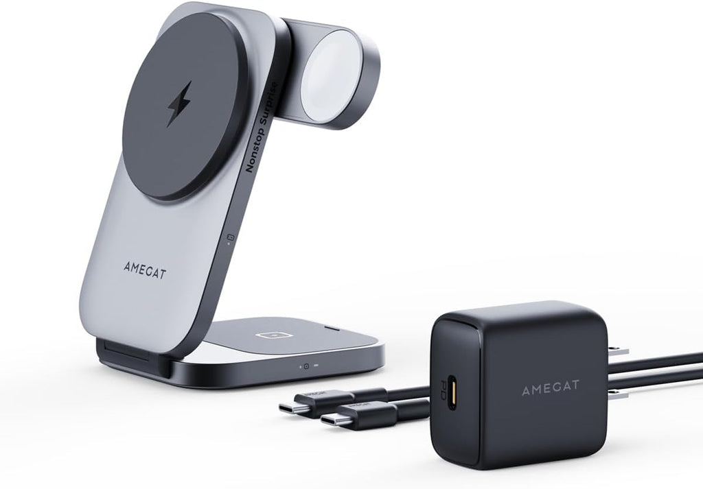3 in 1 Charging Station, MagFusion Z Foldable Qi2 Certified 15W Wireless by AMEGAT