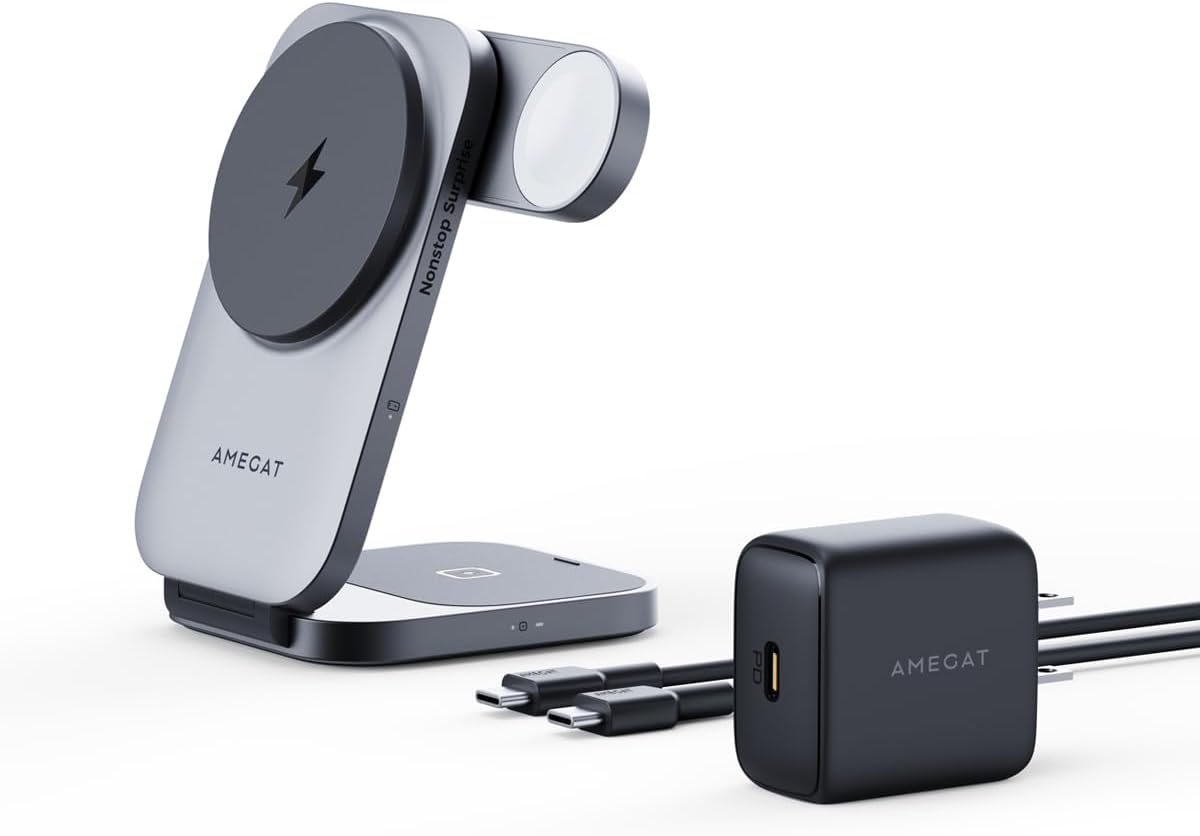 3 in 1 Charging Station, MagFusion Z Foldable Qi2 Certified 15W Wireless by AMEGAT
