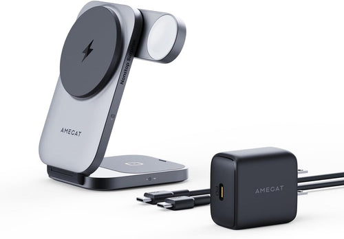 3 in 1 Charging Station, MagFusion Z Foldable Qi2 Certified 15W Wireless by AMEGAT