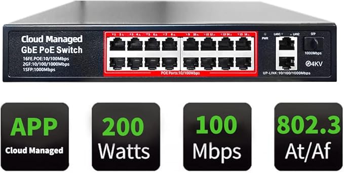 Poe Switch, 16 Port PoE+ Switch, Cloud Managed 10/100Mbps Ethernet Switch by STEAMEMO