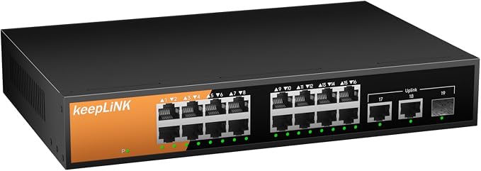 16 Port Gigabit PoE Switch Unmanaged, 16 PoE+ Ports @240W, 2 Gigabit Uplink by keepLiNKNetwork