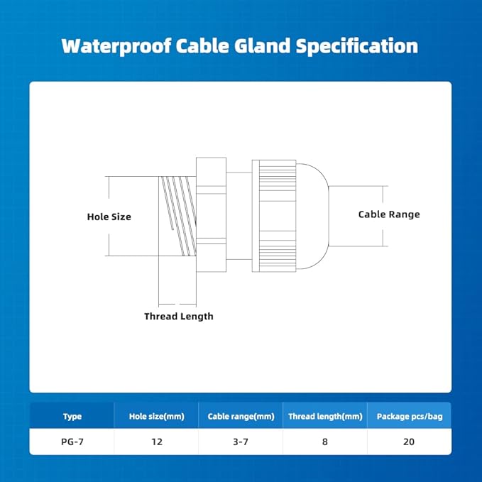 Cable Gland 20 Pack Plastic Waterproof Adjustable Connector 3-7mm PG7 Strain - Image 4