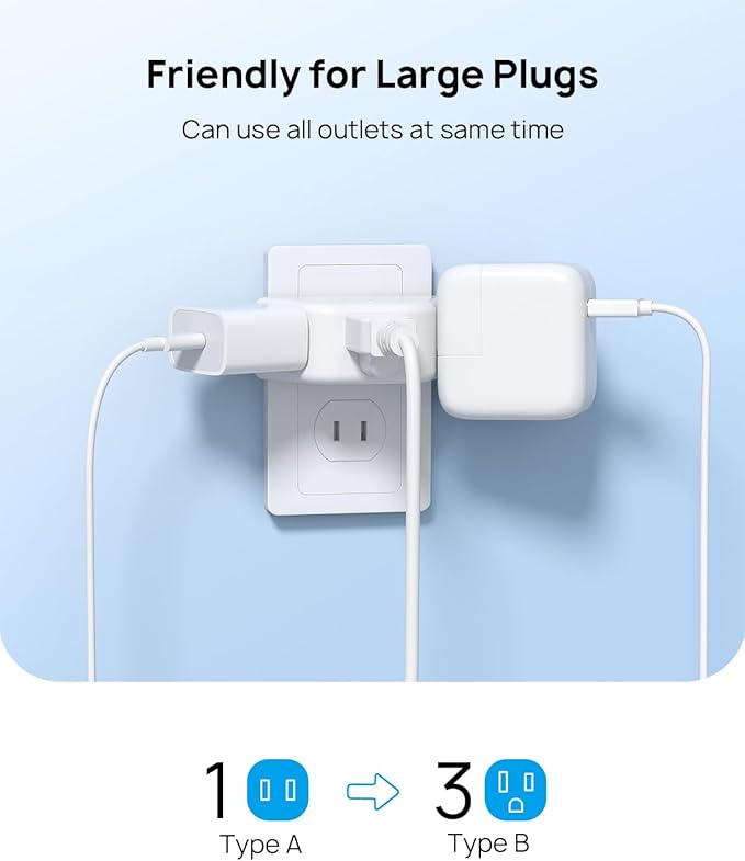 TROND 2 Prong to 3 Prong Outlet Adapter, 3-Way Angled Plug Extender - Image 3