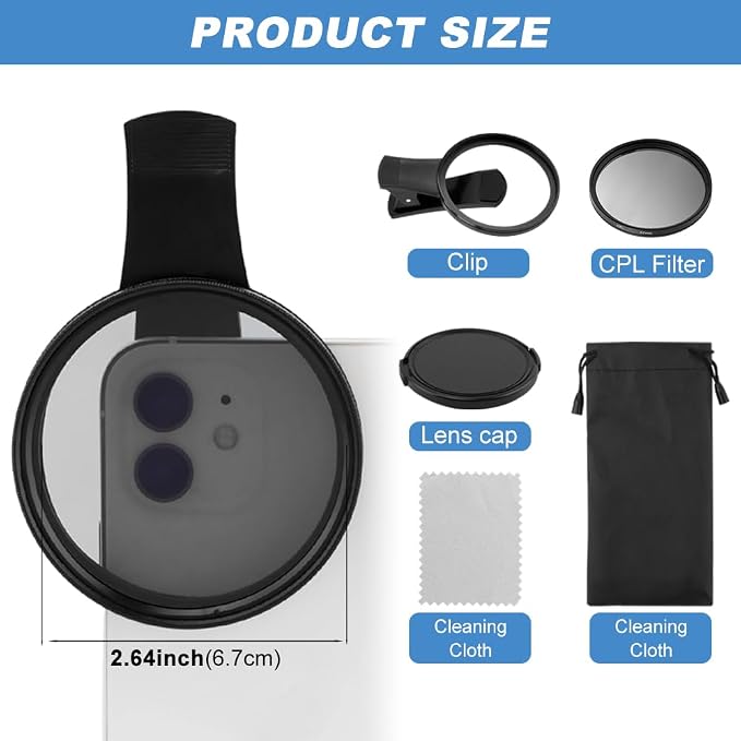 67MM Clip-on CPL Lens Filter for All Smartphones, Universal Phone Camera Clip - Image 2