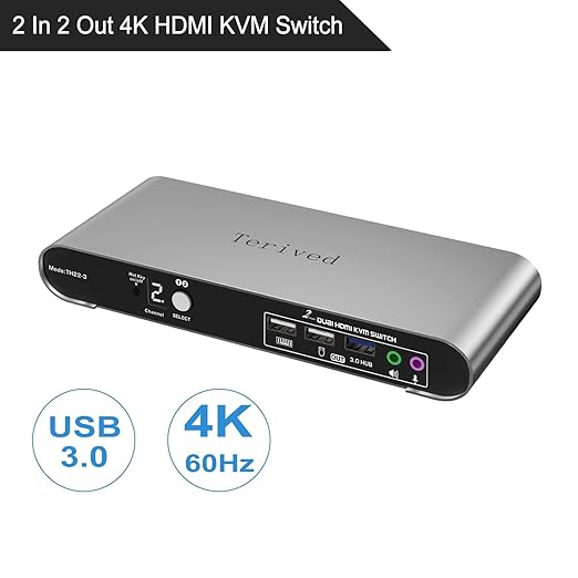 2 Computers 2 HDMI Monitors KVM Switch 4K@60Hz, Hotkey Switching, Audio and - Image 2