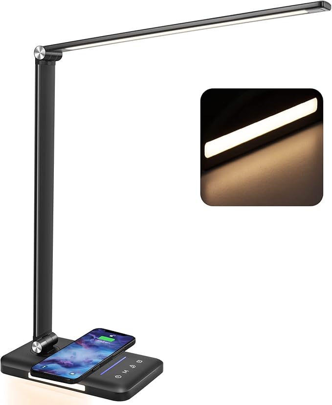 LED Desk Lamp with Night Light, Fast Wireless Charger, USB Charging Port by JOSTIC