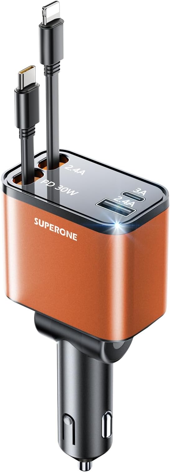 4 in 1 Retractable Car Charger, SUPERONE Smaller Fast Car Phone Charger 69W by SUPERONE