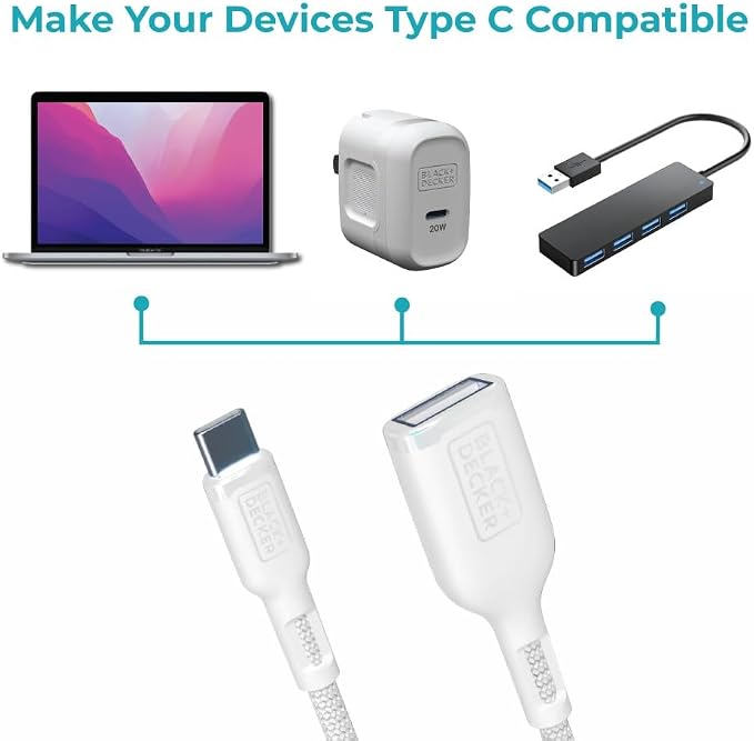 BLACK+DECKER USB C to USB A Adapter, USB C Male to USB Female Adapter Nylon - Image 8