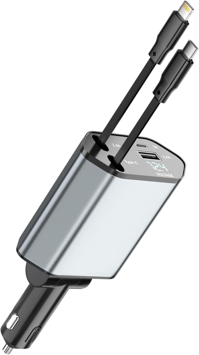 Retractable Car Charger, 120W 2.7Ft Retractable Cables and 4 Electronic Ports by Nooydio