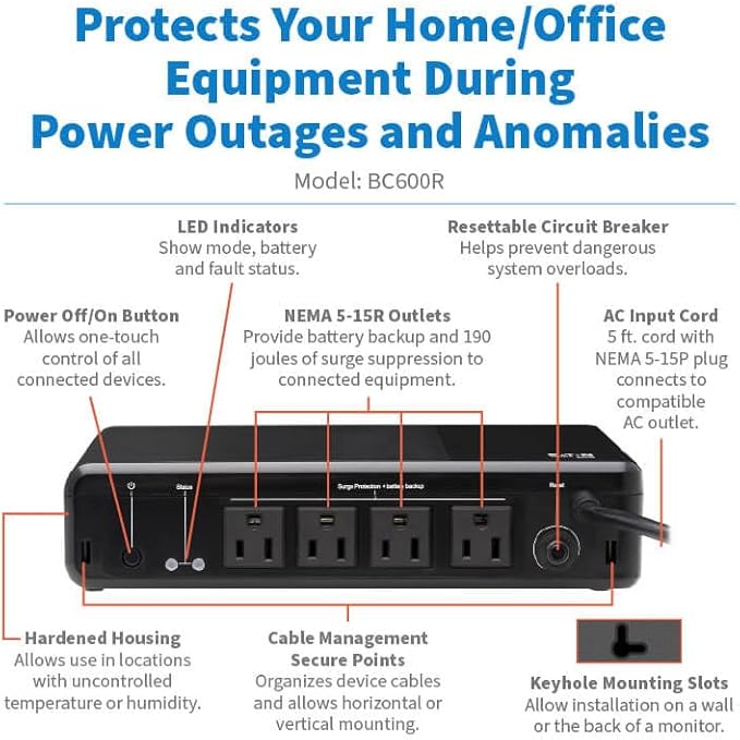 Tripp Lite 600VA UPS Desktop Battery Backup and Surge Protector, 4 Outlets - Image 2