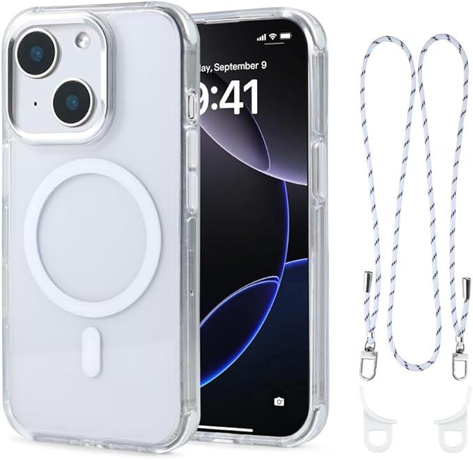 for iPhone 15 Case with 62.99 inch Lanyard, Classic Clear&White Magnetic Phone by QATYYY