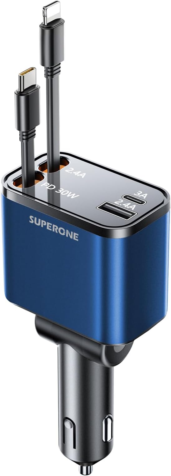 4 in 1 Retractable Car Charger, SUPERONE Smaller Fast Car Phone Charger 69W by SUPERONE