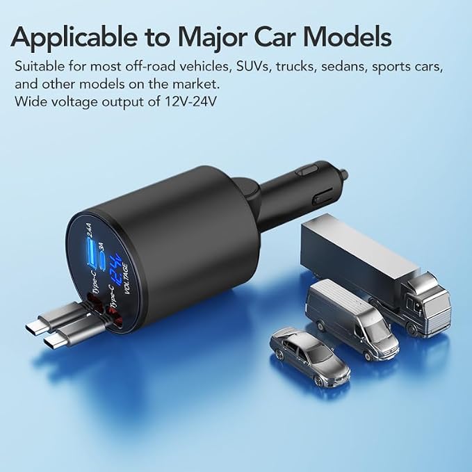 Retractable Car Charger, 4 in 1 Super Fast Car Phone Charger 60W, 2 Retractable - Image 5