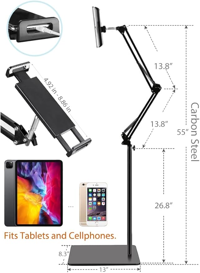 Tablet Floor Stand with Double Weight Base, Overhead Bed Phone Mount Height - Image 6