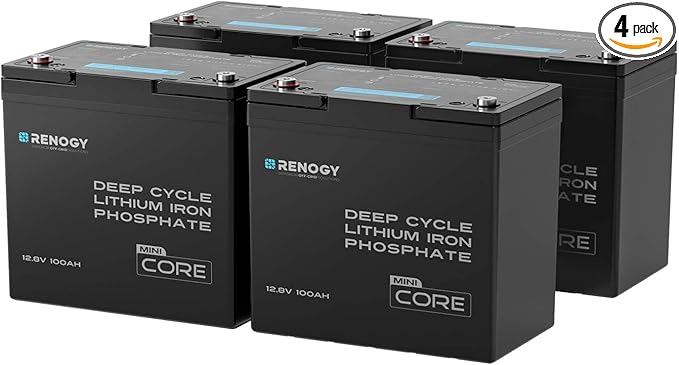 Renogy 4PCS 12V 100Ah LiFePO4 Lithium Battery Mini Size, 100A BMS by RenogySolar