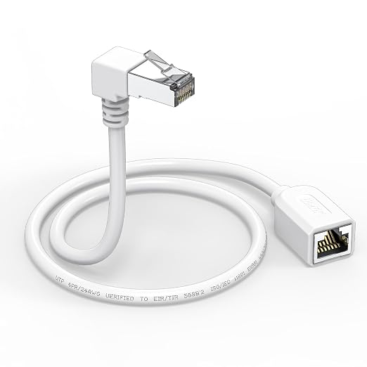 Right Angle Ethernet Extension Cable Down Angle1.5ft-White, 90 Degree CAT6 by JUXINICE
