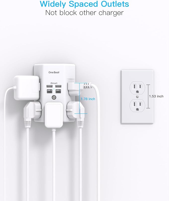 One Beat Surge Protector Wall Outlet Extender, 5 Outlets & 4 USB Ports - Image 7