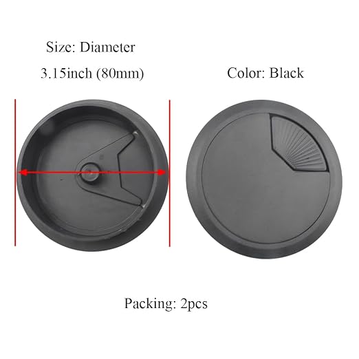 HAHIYO 2Pcs 3.15Inch/80mm Black ABS Plastic Sector-Shaped Desk Grommet Wire - Image 2