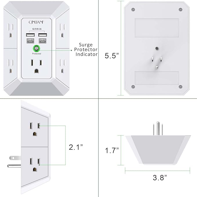 USB Wall Charger, Surge Protector, QINLIANF 5 Outlet Extender - Image 7