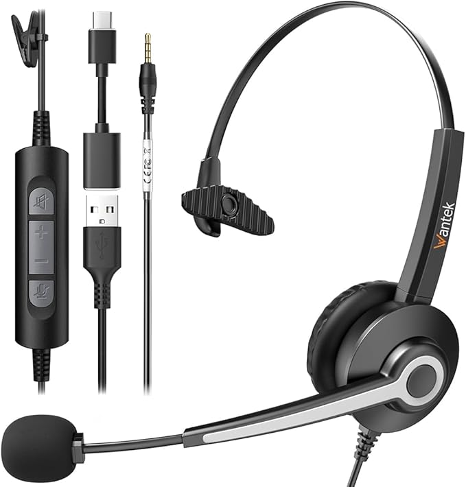 USB-A/USB C/3.5mm Jack 3-in-1 PC Headset, Wired & Noise by Wantek