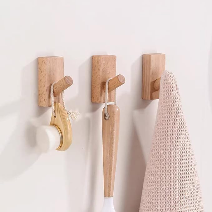 HomeDo 4Pack Adhesive Wall Hooks Hat Rack, Wooden Coat Hooks Wall Mounted - Image 4