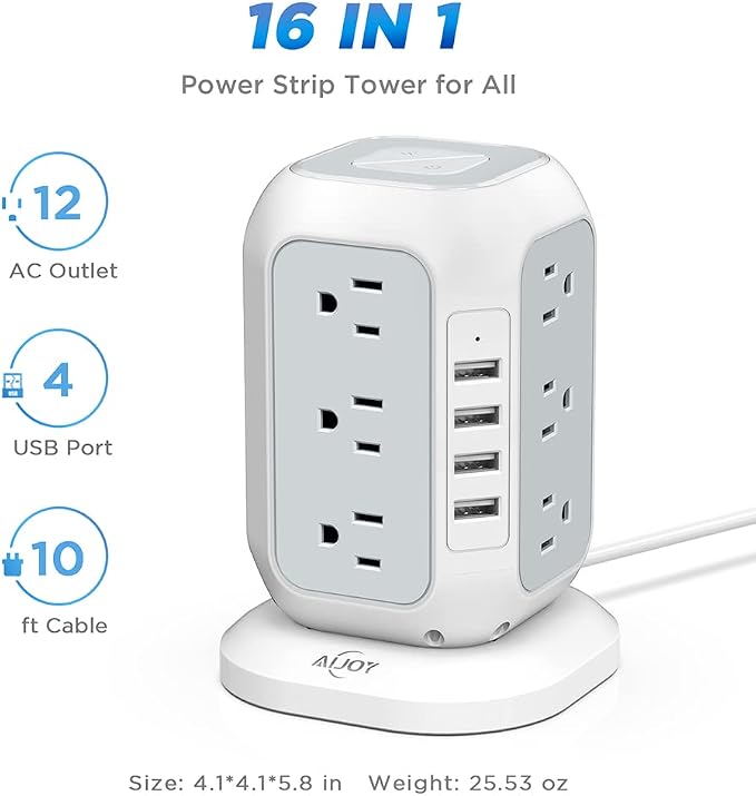 Power Strip Tower with USB Ports-AiJoy Surge Protector with 12 AC Outlet and 4 - Image 2