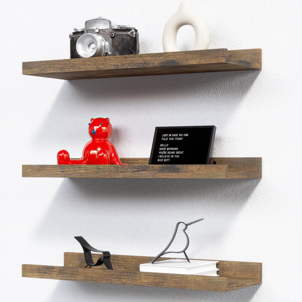RICHER HOUSE 3 Set Floating Shelves for Wall Decor, Mounted Book Shelf, Nursery Picture Ledge With Lip for Storage, Bedroom, Living Room, Bathroom - Brown