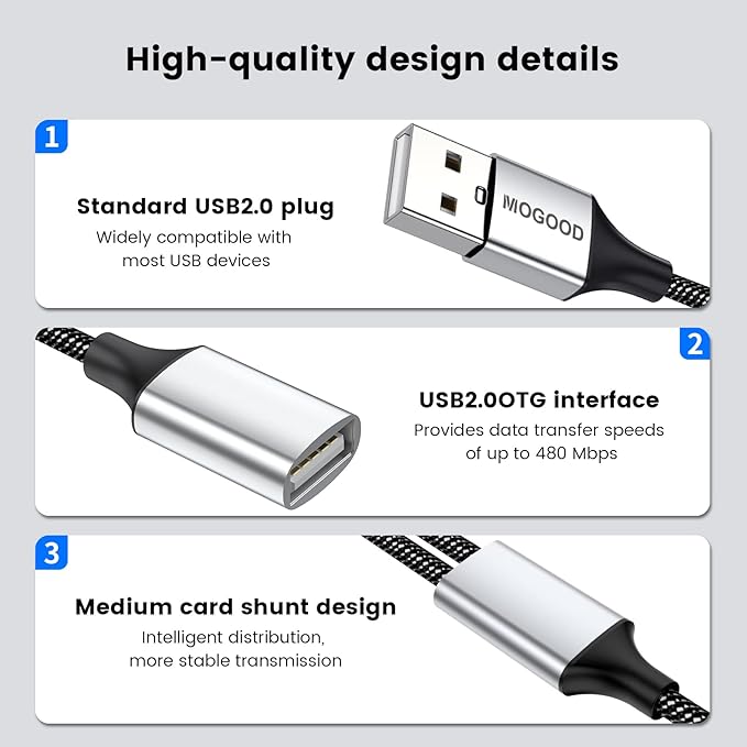 USB Extension Cable, USB A Male to 2 Female Extension Cord Durable USB Splitter - Image 6