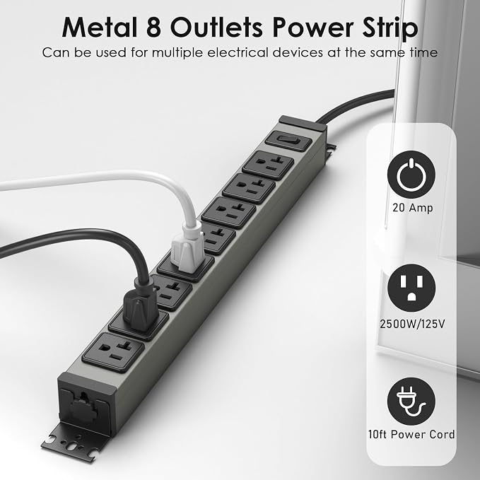 JUNNUJ Heavy Duty Power Strip Wall Mount, 20 Amp Surge Protector 1200J Metal 8 - Image 4