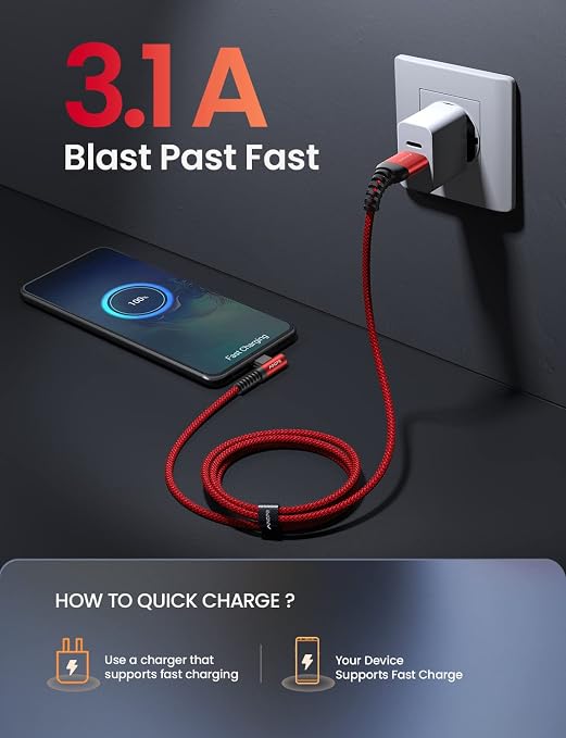 AINOPE USB C to USB Cable 3.1A USB Fast Charge Right Angle, Resistant Nylon - Image 5