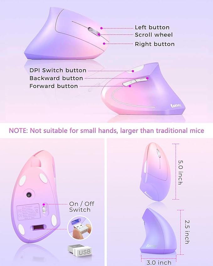 Lekvey Ergonomic Mouse, Vertical Wireless Mouse Rechargeable 2.4 GHz Optical - Image 6